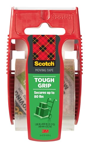 Scotch Packing Tape Tough Grip Moving Tape, 1.88" x 20m, 1 Roll w/ Handheld Dispenser