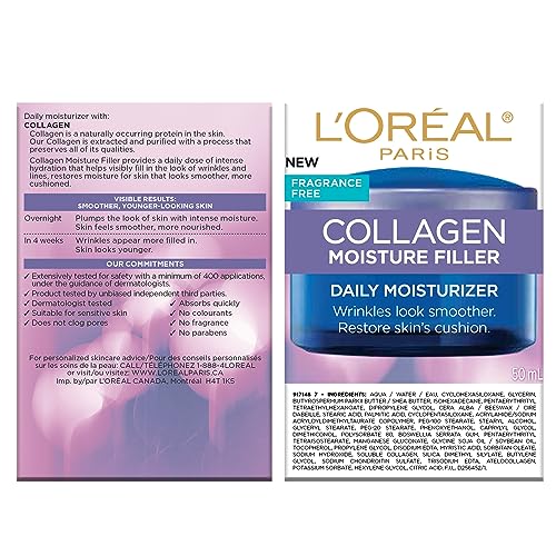 L’Oréal Paris Day and Night Moisturizer Cream, Collagen Moisture Filler Skincare, Hydrating Cream for Face, Neck and Chest to Smooth Skin and Reduce Look of Wrinkles, 50 ml