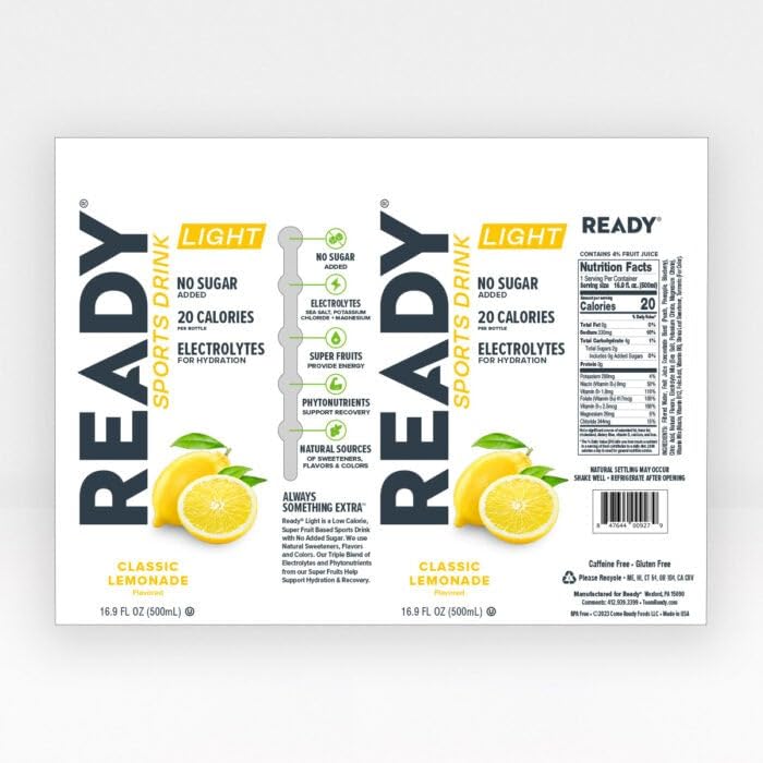 Ready® Sports Drink Light, Low Calories, No Added Sugars, Real Food Carb Source for Energy, Four Electrolytes for Hydration, Super Fruits, B Vitamins, 16.9 Fluid Ounces, 12 Pack (16.9 oz, Watermelon Lemonade)