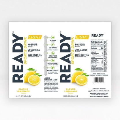 Ready® Sports Drink Light, Low Calories, No Added Sugars, Real Food Carb Source for Energy, Four Electrolytes for Hydration, Super Fruits, B Vitamins, 16.9 Fluid Ounces, 12 Pack (16.9 oz, Watermelon Lemonade)