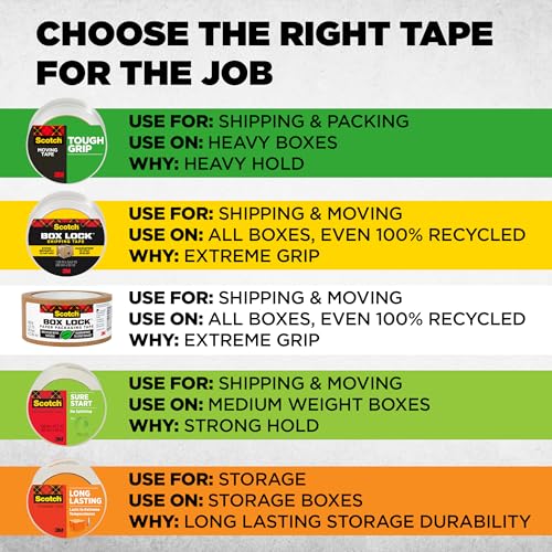 Scotch Packing Tape Tough Grip Moving Tape, 1.88" x 20m, 1 Roll w/ Handheld Dispenser