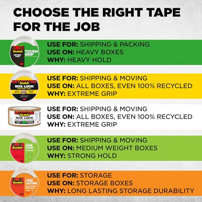 Scotch Packing Tape Tough Grip Moving Tape, 1.88" x 20m, 1 Roll w/ Handheld Dispenser