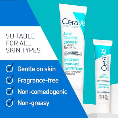 CeraVe 4% Benzoyl Peroxide ACNE Treatment Foaming Cleanser Face & Body Wash, with Hyaluronic Acid and Niacinamide. Helps Clear Acne Pimples and prevent breakouts. Gentle Gel, Fragrance-Free, 150ML