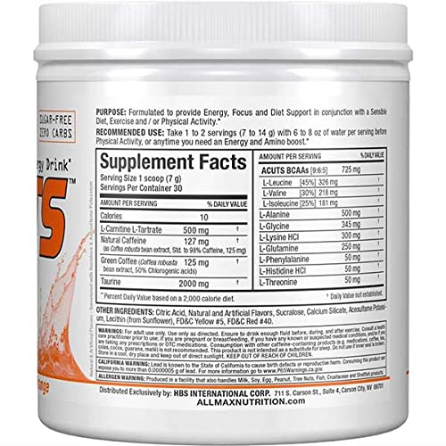 ALLMAX Nutrition ACUTS, Amino-Charged Energy Drink, Arctic Orange, 7.4 oz (210 g)