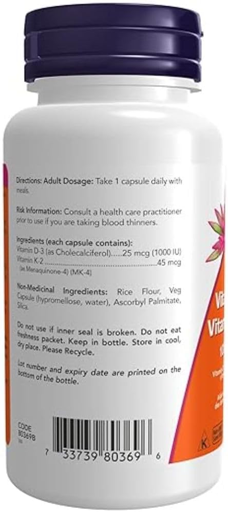 Now Foods Vit D-3 1,000 IU & K2 45mcg 120vcap