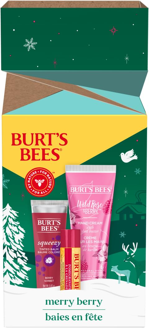 Burt's Bees Kissable Colour Gift Set, Warm Collection, 3 Lip Shimmers in Peony, Rhubarb and Fig