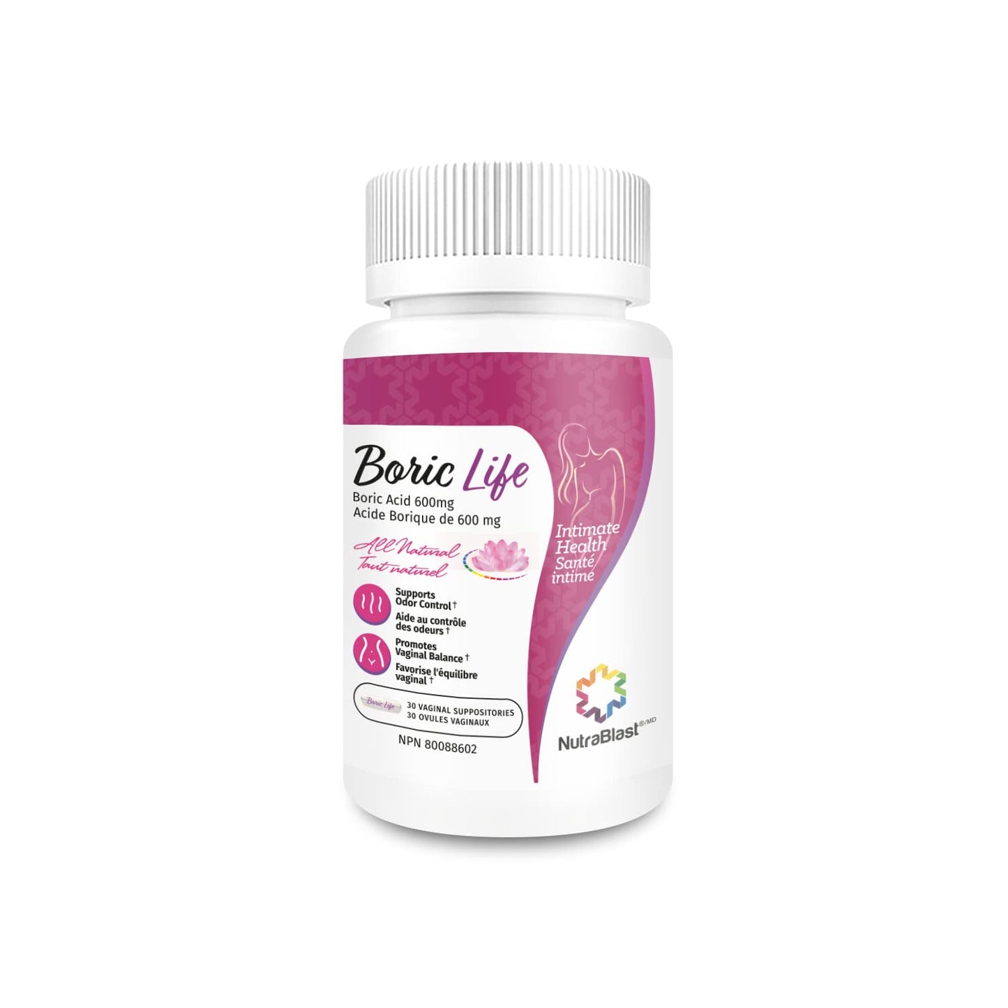 NutraBlast Boric Acid Vaginal Suppositories - 100% Pure Made in USA - Boric Life Intimate Health Support (30 Count)
