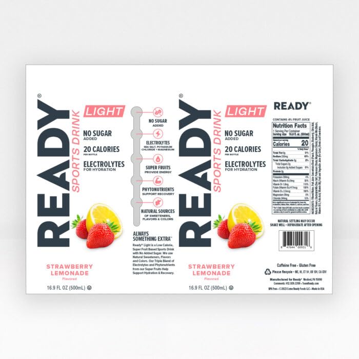 Ready® Sports Drink Light, Low Calories, No Added Sugars, Real Food Carb Source for Energy, Four Electrolytes for Hydration, Super Fruits, B Vitamins, 16.9 Fluid Ounces, 12 Pack (16.9 oz, Watermelon Lemonade)