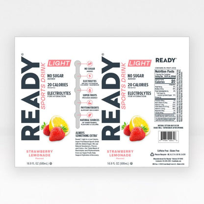 Ready® Sports Drink Light, Low Calories, No Added Sugars, Real Food Carb Source for Energy, Four Electrolytes for Hydration, Super Fruits, B Vitamins, 16.9 Fluid Ounces, 12 Pack (16.9 oz, Watermelon Lemonade)