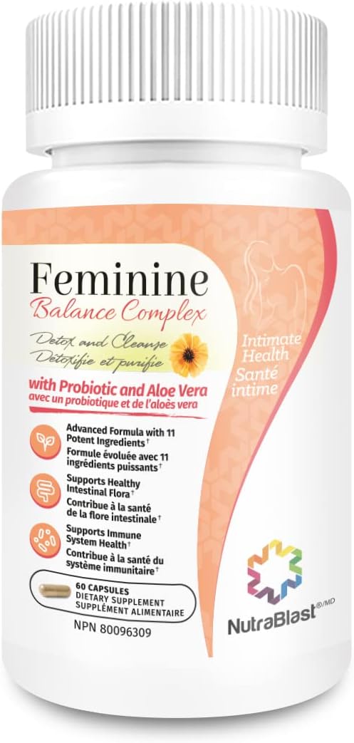 NutraBlast Feminine Balance Complex (60 Capsules) | Vaginal Detox & Cleanse Probiotics | Supports Healthy Intestinal Flora & Immune Function | Advanced Formula with 11 All Natural Ingredients