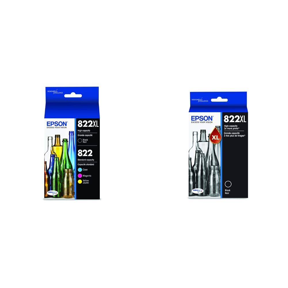 EPSON 822 DURABrite Ultra Ink High Capacity Black & Standard Colour Cartridge Combo Pack (T822XL-BCS) Works with Workforce Pro WF-3820, WF-3823, WF-4820, WF-4830, WF-4833, WF-4834