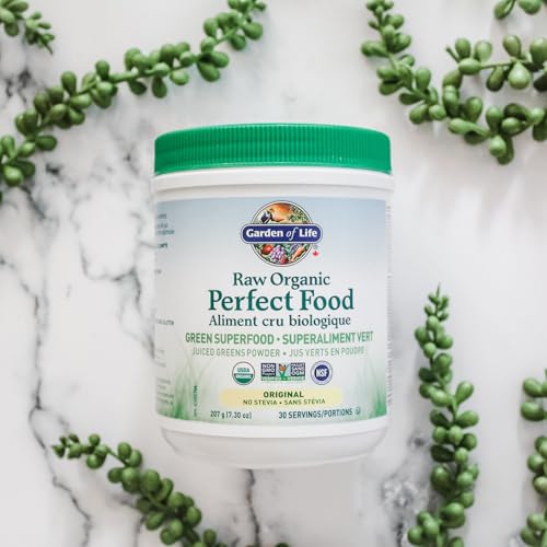 Garden of Life Raw Organic Perfect Food Green Superfood Original 207 gram."Raw Organic Perfect Food is packed with 40 nutrient-dense ingredients, including freshly harvested greens that are low-temperature dried to lock in nutrition, along with sprouts, f