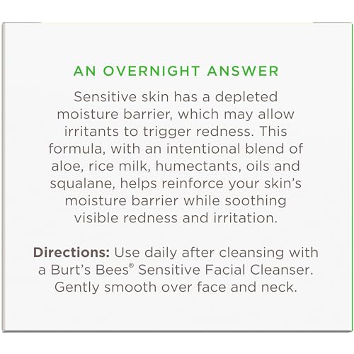 Burt's Bees Sensitive Hydrating Gentle Daily Face Cream Moisturizer Face Lotion for Sensitive Skin with Aloe and Rice Milk, 98.9% Natural Origin, Developed with Dermatologists, 51g
