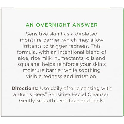 Burt's Bees Sensitive Hydrating Gentle Daily Face Cream Moisturizer Face Lotion for Sensitive Skin with Aloe and Rice Milk, 98.9% Natural Origin, Developed with Dermatologists, 51g