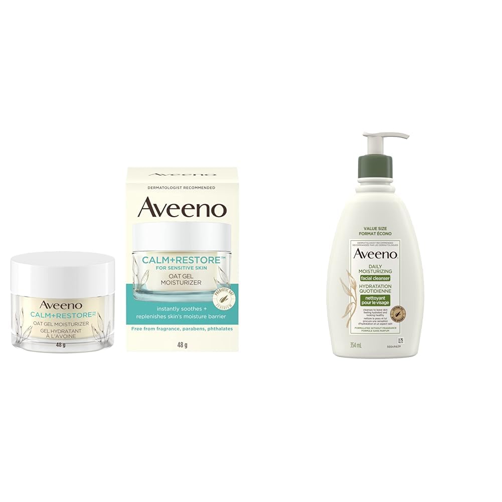 Aveeno Calm and Restore Oat Gel Facial Moisturizer for Sensitive Skin, Lightweight Gel Cream Face Moisturizer with Prebiotic Oat and Feverfew, Hypoallergenic, Fragrance and Paraben-free, 48 Grams