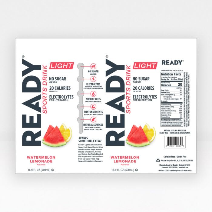 Ready® Sports Drink Light, Low Calories, No Added Sugars, Real Food Carb Source for Energy, Four Electrolytes for Hydration, Super Fruits, B Vitamins, 16.9 Fluid Ounces, 12 Pack (16.9 oz, Watermelon Lemonade)