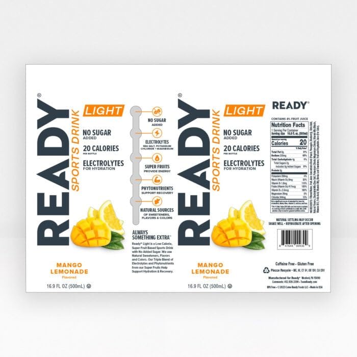 Ready® Sports Drink Light, Low Calories, No Added Sugars, Real Food Carb Source for Energy, Four Electrolytes for Hydration, Super Fruits, B Vitamins, 16.9 Fluid Ounces, 12 Pack (16.9 oz, Watermelon Lemonade)
