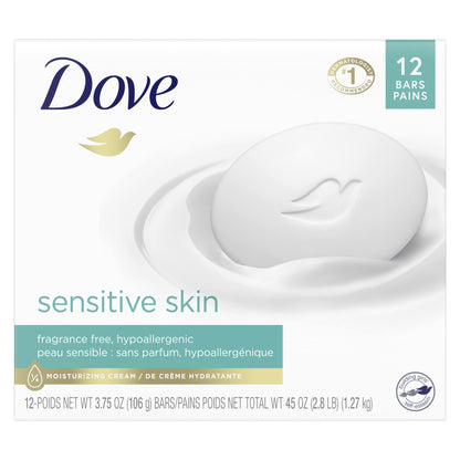 Dove Beauty Bar More Moisturizing Than Bar Soap for Softer Skin, Fragrance Free, Hypoallergenic Sensitive Skin With Gentle Cleanser 1272g (Pack of 12)