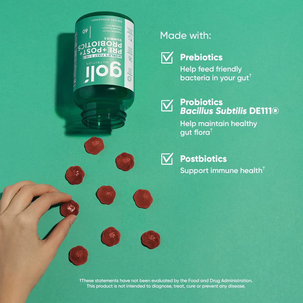 Goli Nutritional Supplement, Pre+Post+Probiotics Gummy - 180 Count - World's First 3-in-1 Gluten-Free, Vegan, Non-GMO, and Gelatin-Free.