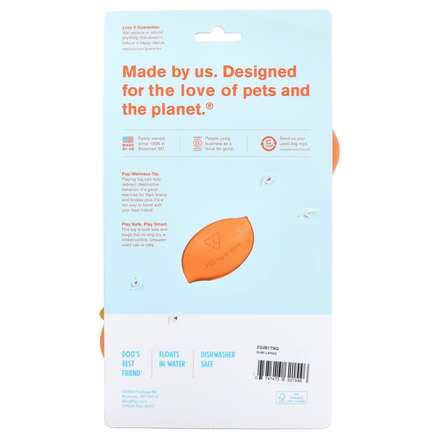 West Paw Zogoflex Bumi Interactive Tug of War Durable Dog Play Toy, 100% Guaranteed Tough, It Floats!, Made in USA, Large, Tangerine