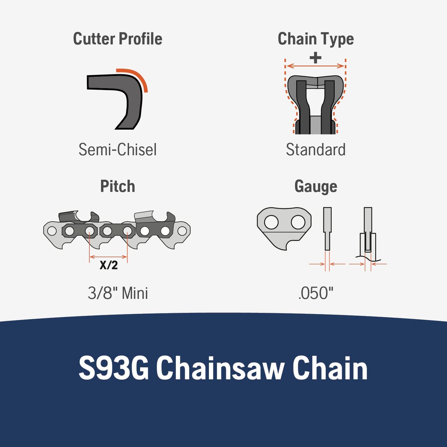 Husqvarna X-Cut S93G 16 Inch Chainsaw Chain, 3/8" Mini Pitch, .050" Gauge, 56 Drive Link Chainsaw Blade Replacement, Pre-Stretched and Low Kickback, Gray