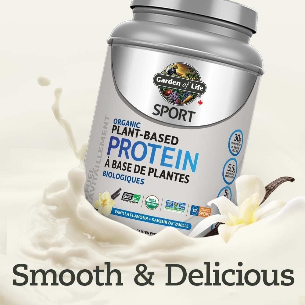Garden of Life Sport Organic Plant Based Protein, Vanilla, 806g. Formulated with pea protein to help your body recover faster, build and repair muscle and fuel your metabolism along with Truly Clean multi-sourced plant based ingredients. 30g of Complete O