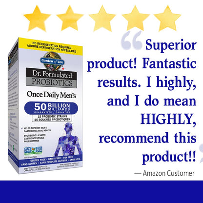 Garden of Life - Dr. Formulated Probiotics Once Daily Men's | Support Men's Gut Health & Digestion | 50 Billion CFU + 15 Probiotic Strains | Shelf Stable | Gluten Free, Dairy Free, Soy Free