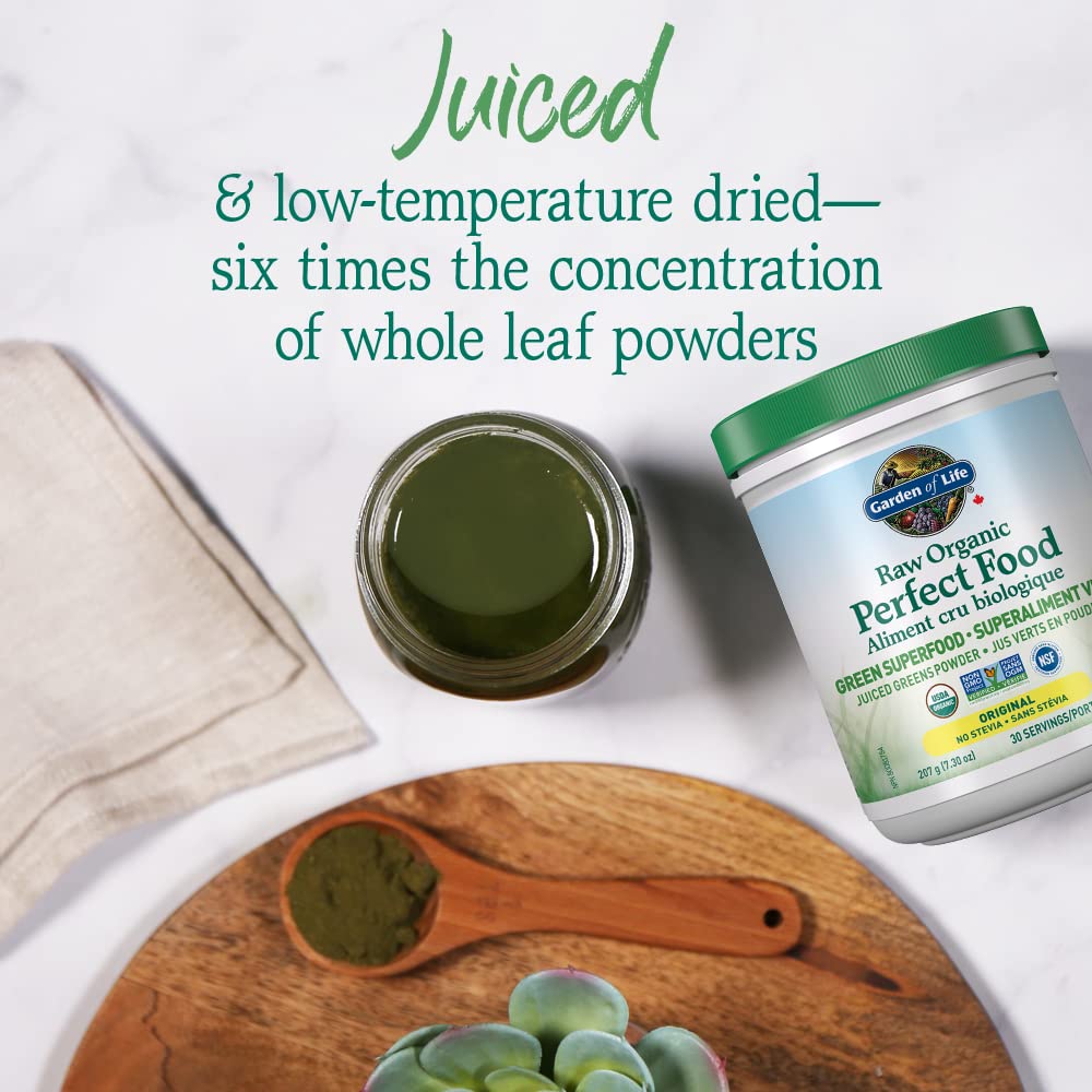 Garden of Life Raw Organic Perfect Food Green Superfood Original 207 gram."Raw Organic Perfect Food is packed with 40 nutrient-dense ingredients, including freshly harvested greens that are low-temperature dried to lock in nutrition, along with sprouts, f