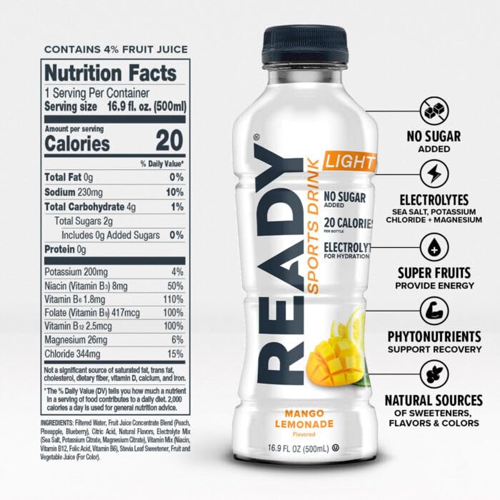 Ready® Sports Drink Light, Low Calories, No Added Sugars, Real Food Carb Source for Energy, Four Electrolytes for Hydration, Super Fruits, B Vitamins, 16.9 Fluid Ounces, 12 Pack (16.9 oz, Watermelon Lemonade)