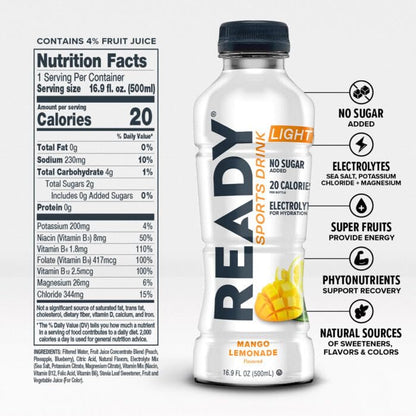 Ready® Sports Drink Light, Low Calories, No Added Sugars, Real Food Carb Source for Energy, Four Electrolytes for Hydration, Super Fruits, B Vitamins, 16.9 Fluid Ounces, 12 Pack (16.9 oz, Watermelon Lemonade)