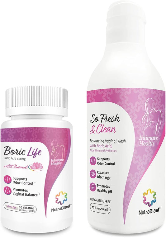 NutraBlast Boric Acid Vaginal Suppositories and So Fresh & Clean | Supports Odor Control | Cleanses Discharge | Promotes Intimate Balance (30 Count & 10 fl oz)