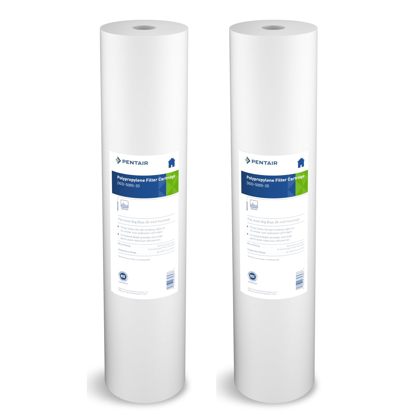 Pentair Pentek DGD-5005-20 Big Blue Water Filter, 20-Inch Whole House Sediment Filter Cartridge Replacement, Dual-Gradient Density Spun Polypropylene, 20" x 4.5", 5 Micron, (Pack of 2), White