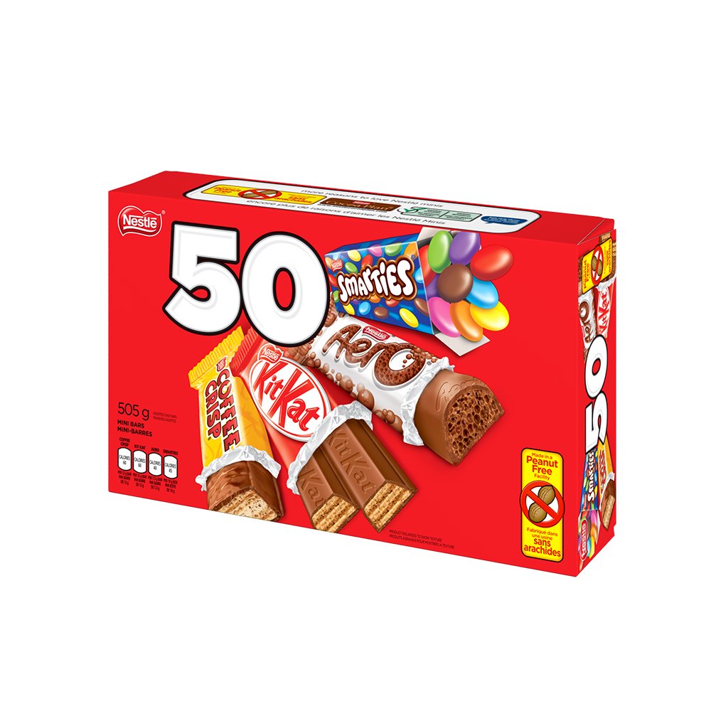 Nestle Mini Assorted Chocolate & Candy - KITKAT, Coffee Crisp, Aero, Smarties - 505 g (Pack of 50 Mini Bars)