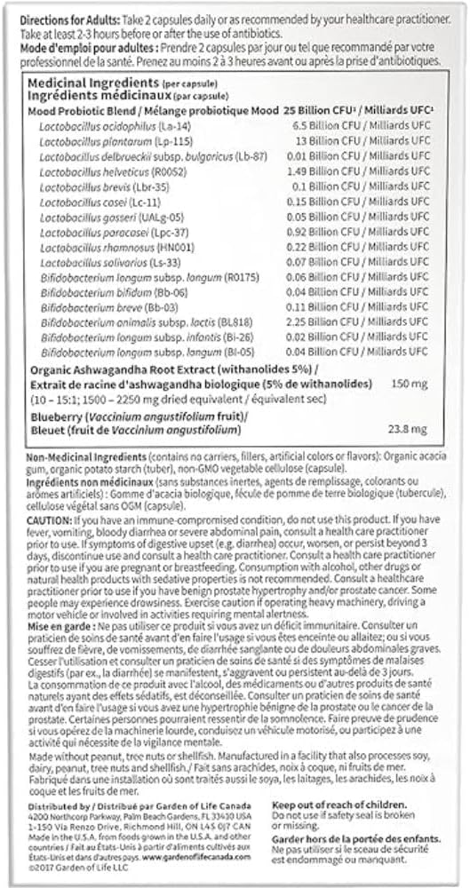 Garden of Life – Dr. Formulated Probiotics Mood+ | Manages Digestive Health & Symptoms of Chronic Stress | 50 Billion CFU + 16 Probiotic Strains | Includes Organic Ashwagandha and Blueberries