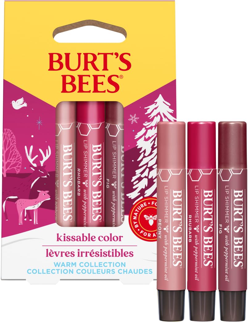 Burt's Bees Kissable Colour Gift Set, Warm Collection, 3 Lip Shimmers in Peony, Rhubarb and Fig