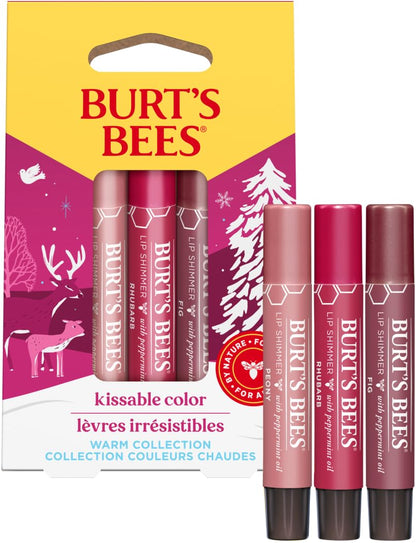 Burt's Bees Kissable Colour Gift Set, Warm Collection, 3 Lip Shimmers in Peony, Rhubarb and Fig