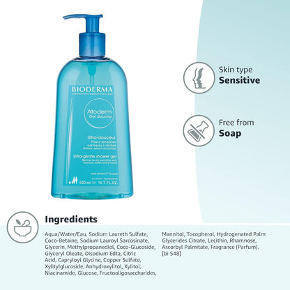 Bioderma - Atoderm Shower Gel Body Wash - Moisturizing Face and Body Cleanser for Normal to Dehydrated Sensitive Skin, 1lt
