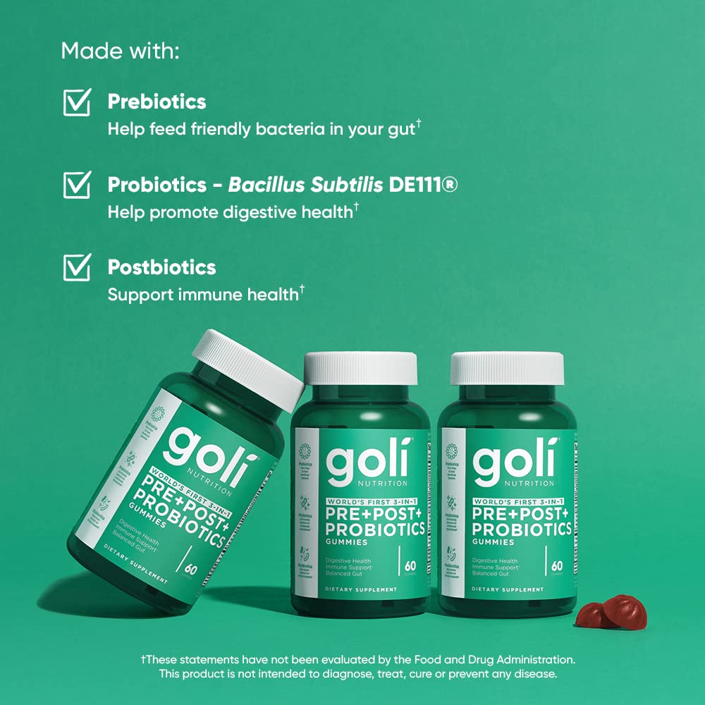 Goli Nutritional Supplement, Pre+Post+Probiotics Gummy - 180 Count - World's First 3-in-1 Gluten-Free, Vegan, Non-GMO, and Gelatin-Free.