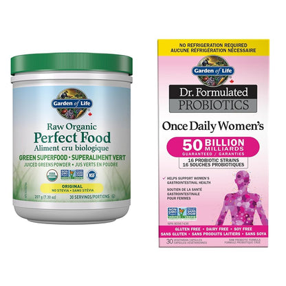 Garden of Life Raw Organic Perfect Food Green Superfood Original 207 gram."Raw Organic Perfect Food is packed with 40 nutrient-dense ingredients, including freshly harvested greens that are low-temperature dried to lock in nutrition, along with sprouts, f