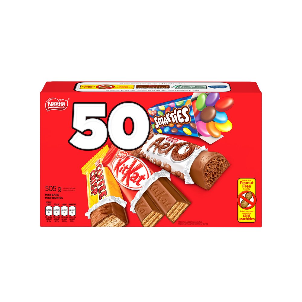 Nestle Mini Assorted Chocolate & Candy - KITKAT, Coffee Crisp, Aero, Smarties - 505 g (Pack of 50 Mini Bars)