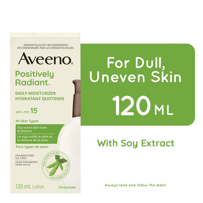 Aveeno Positively Radiant Daily Moisturizer SPF 15, Dry Skin Lotion, Face Cream, Hypoallergenic, Soy Formula, 120-mL, Pack of 1