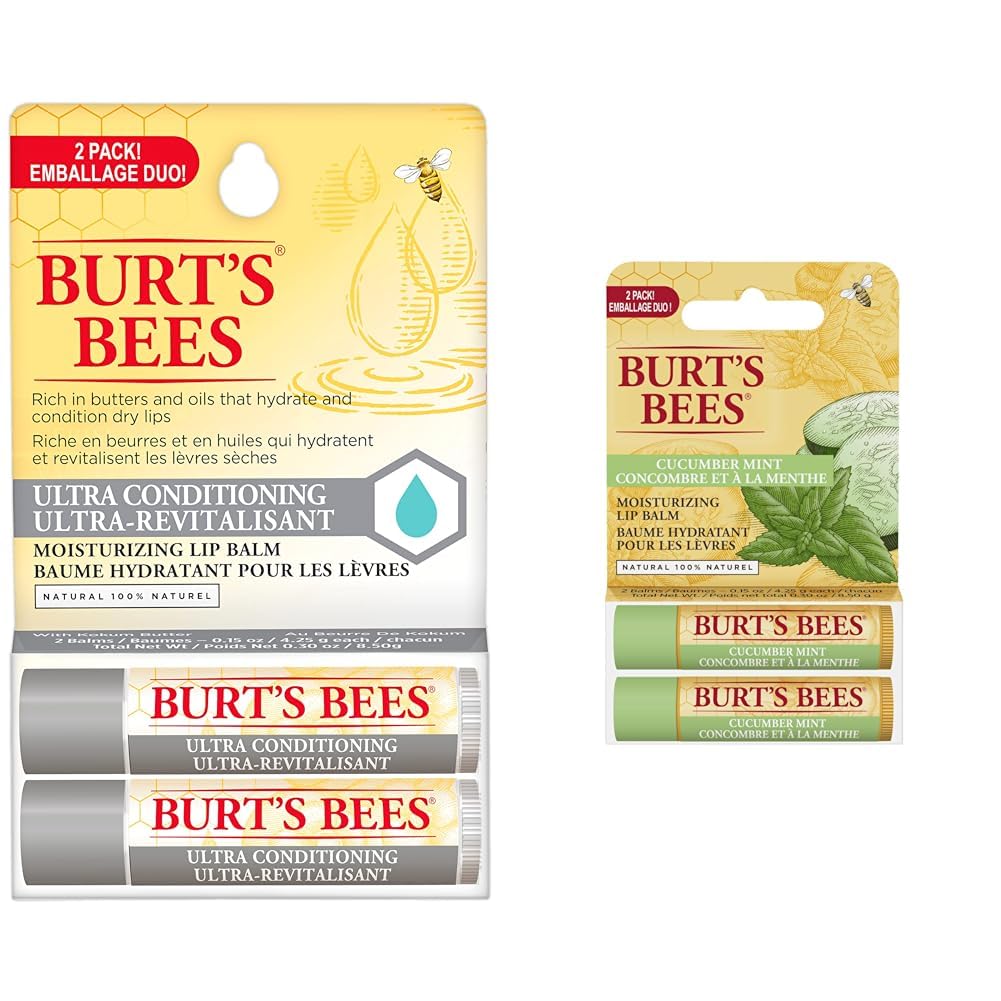 Burt's Bees Hydrating Lip Balm for Dry Chapped and Cracked Lips 100% Natural Origin, Ultra Conditioning with Kokum Butter, Shea Butter, and Cocoa Butter, Unscented, 2 Tubes
