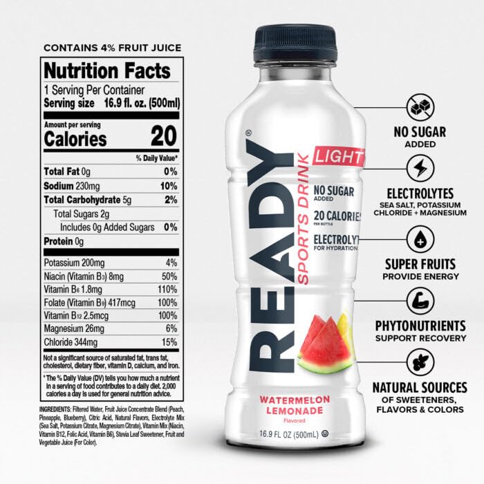 Ready® Sports Drink Light, Low Calories, No Added Sugars, Real Food Carb Source for Energy, Four Electrolytes for Hydration, Super Fruits, B Vitamins, 16.9 Fluid Ounces, 12 Pack (16.9 oz, Watermelon Lemonade)