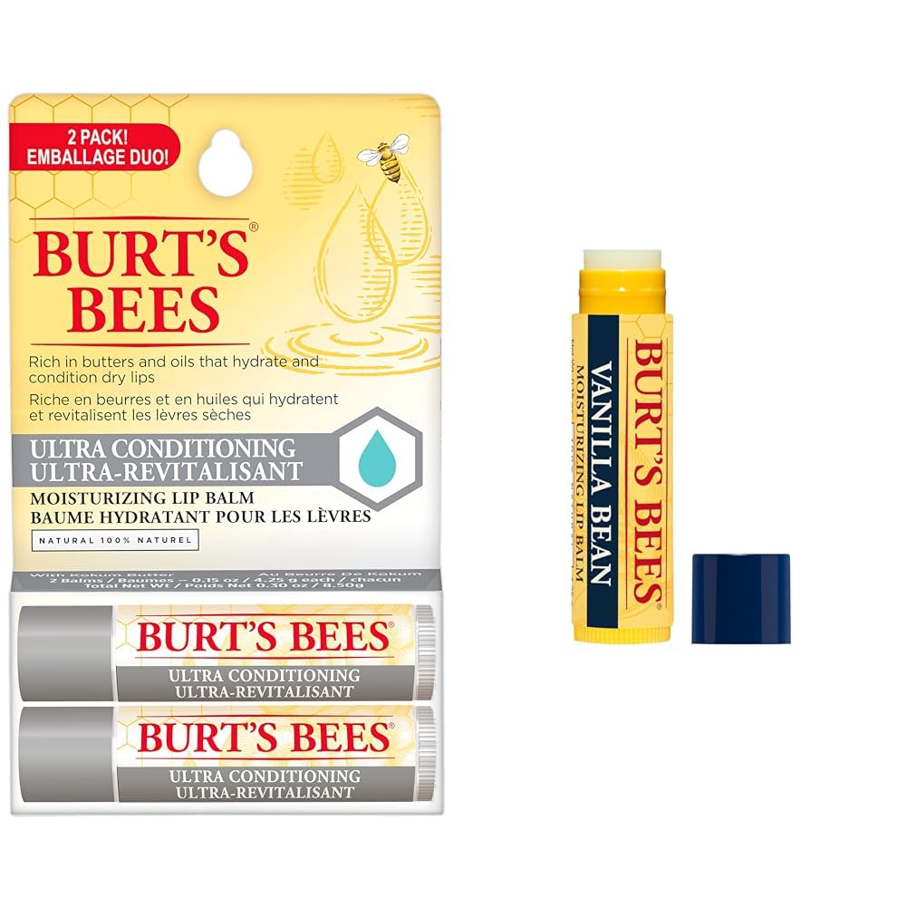 Burt's Bees Hydrating Lip Balm for Dry Chapped and Cracked Lips 100% Natural Origin, Ultra Conditioning with Kokum Butter, Shea Butter, and Cocoa Butter, Unscented, 2 Tubes