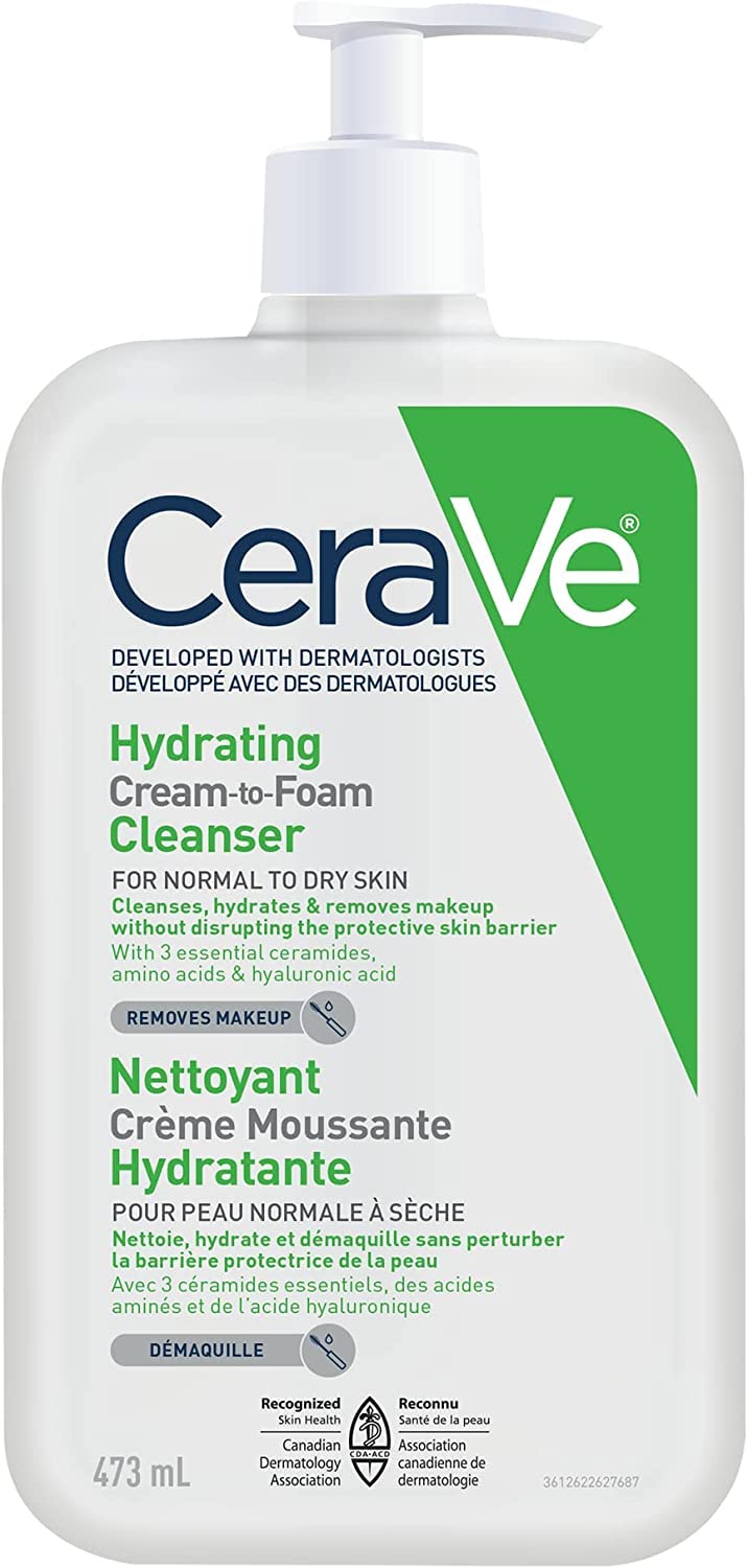 CeraVe Hydrating Cream-to-Foam Face Cleanser, One-Step Face Wash With Hyaluronic Acid & Amino Acid Complex, Gently Cleanses Skin, Non-Comedogenic, Fragrance-Free, Normal to dry skin, 562mL