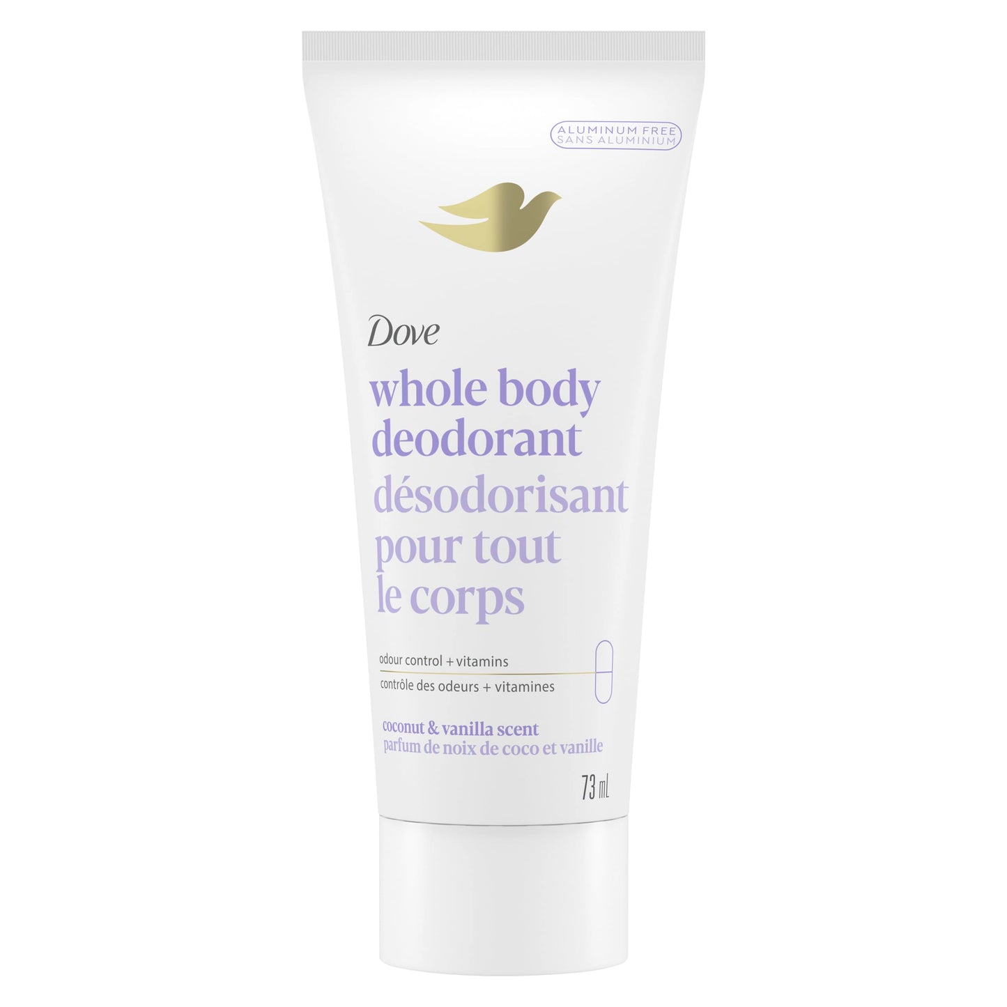 Dove Whole Body Deodorant Cream Aluminum Free Deodorant for Women Coconut & Vanilla Scent for Pits, Privates, & Thighs to Toes 73 ml