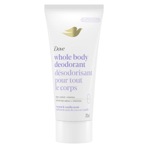 Dove Whole Body Deodorant Cream Aluminum Free Deodorant for Women Coconut & Vanilla Scent for Pits, Privates, & Thighs to Toes 73 ml