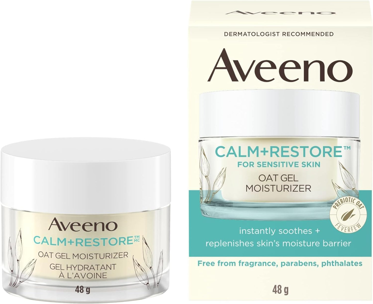 Aveeno Calm and Restore Oat Gel Facial Moisturizer for Sensitive Skin, Lightweight Gel Cream Face Moisturizer with Prebiotic Oat and Feverfew, Hypoallergenic, Fragrance and Paraben-free, 48 Grams