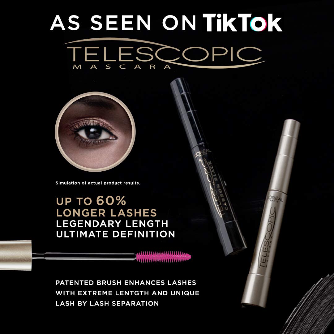 L’Oréal Paris Telescopic Mascara, Eyelash Lengthening Mascara, Unique Non-Clumping Formula, Delivers Intense Length, For Sensitive Eyes, Blackest Black, 8 ml
