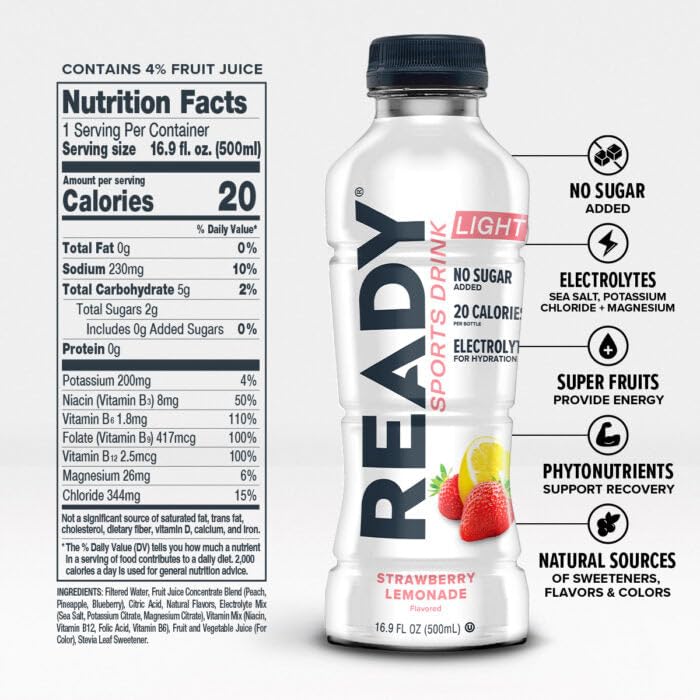 Ready® Sports Drink Light, Low Calories, No Added Sugars, Real Food Carb Source for Energy, Four Electrolytes for Hydration, Super Fruits, B Vitamins, 16.9 Fluid Ounces, 12 Pack (16.9 oz, Watermelon Lemonade)